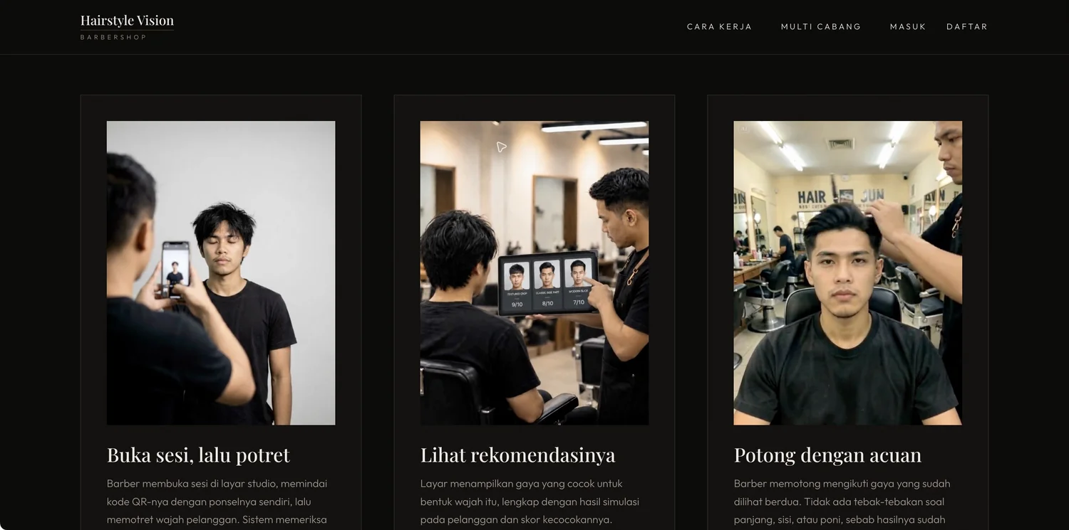 Hairstyle Vision showing customer photo capture, hairstyle recommendations, and haircut selection for a barbershop